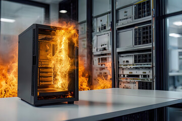 Fototapeta premium Computer hot heat explosion broke with fire flame conflagration damage in emergency risk security in danger data center workstation server room background