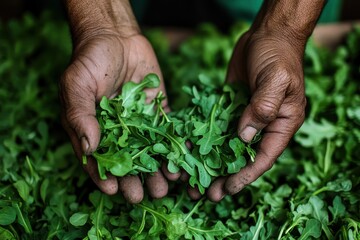 Farmer s hands tending arugula in a hydroponic greenhouse in Caxias do Sul Brazil