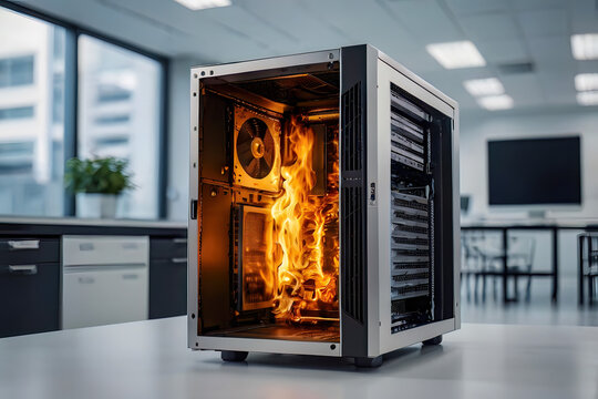 Computer hot heat explosion broke with fire flame conflagration damage in emergency risk security in danger data center workstation server room background