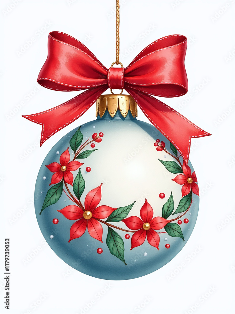 Poster a beautiful watercolor christmas ornament with a red bow features an isolated design on a white back