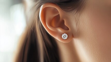 A detailed shot of diamond earrings on a model's ear, with soft lighting accentuating the curves of the ear and the brilliance of the diamonds