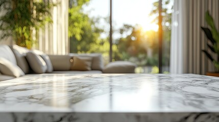 A marble tabletop against a blurred modern living room background, perfect for stock photo compositions.