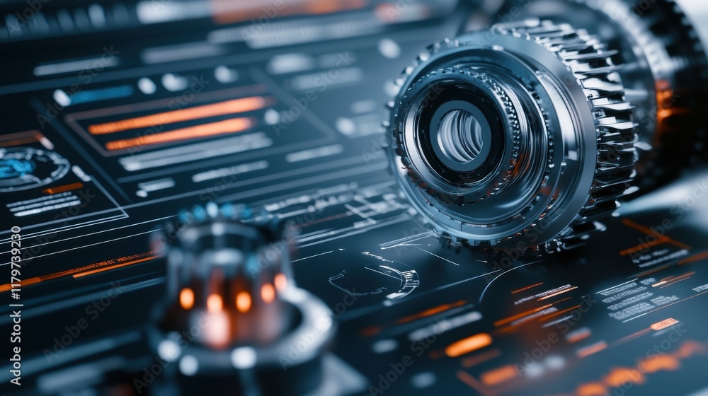 Poster complex metallic parts resting on a blueprint and displayed on a futuristic digital screen illustrat