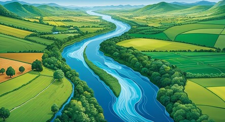 A large river winding through a deep fertile valley with lush green fields