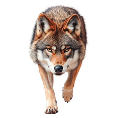 Obraz premium Photorealistic Portrait of a Majestic Wolf Strolling Towards the Viewer in Natural Light with Detailed Fur Texture