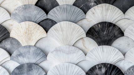 Textures of marble wall with geometric ornament of fan and scale. Vector cartoon seamless patterns of white, gray and black stone surface with abstract decoration motif
