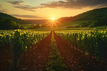 Naklejka premium Sunset Over Vineyard Rows in Lush Countryside for Wine Tourism and Nature Photography