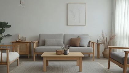 Modern Minimalist Living Room Interior Design Cozy Sofa Light Wood Furniture