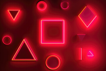 Brightly colored geometric shapes such as circles, triangles, and squares are arranged against a dark backdrop, radiating neon hues. The design creates a modern, captivating atmosphere.