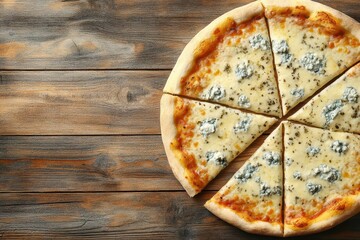 Four cheese pizza mozzarella blue cheese Parmesan Italian dish Top view on wood