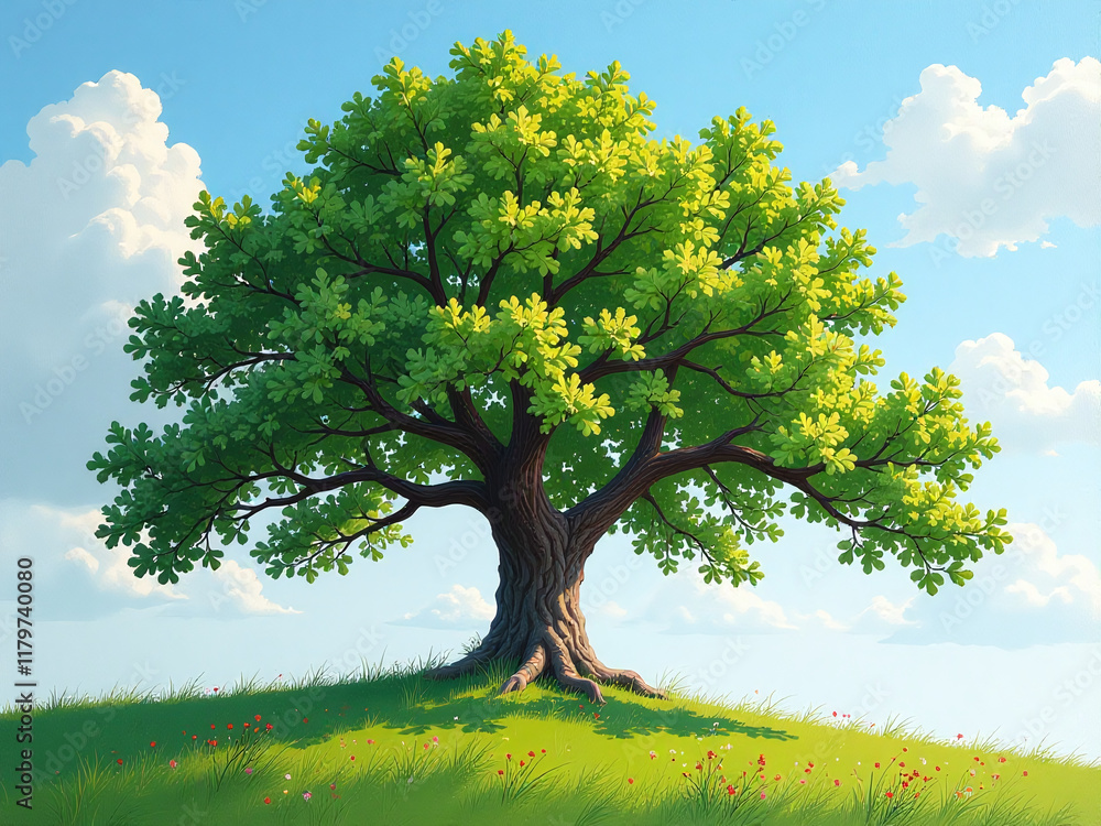 Poster a beautiful oil painting of a lush green summer oak tree created using artificial intelligence gener