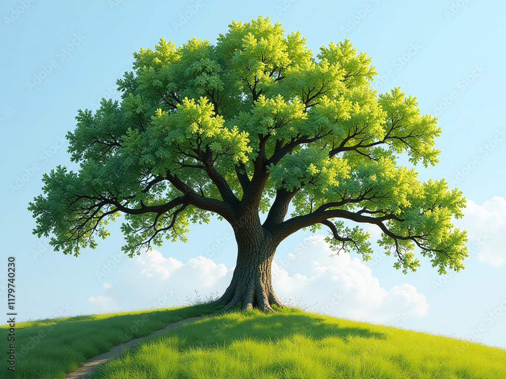 Poster a beautiful oil painting of a lush green summer oak tree created using artificial intelligence gener