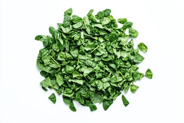 Obraz premium Fresh baby spinach leaves stacked on a white background Close up Flat lay Food theme