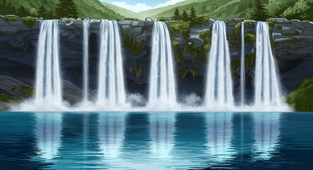 Fototapeta premium A series of cascading waterfalls pouring down into a tranquil river below