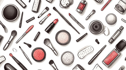 Various makeup tools and products displayed on a white background showcasing vibrant colors and diverse textures in a creative arrangement