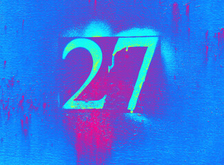 Luminous number 27 on blue neon background. Twenty-seven on textured surface 