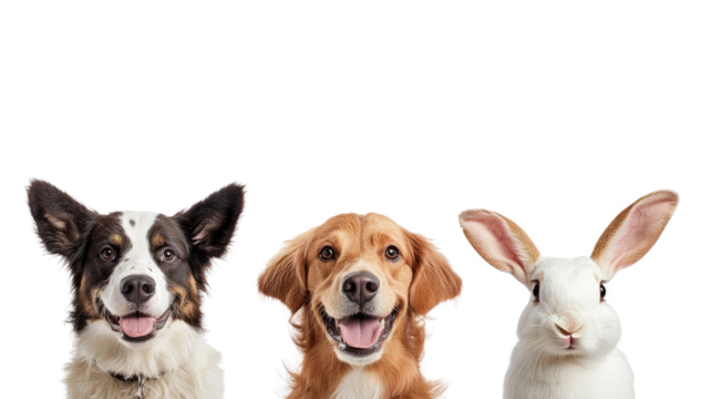 Happy and Playful Pets Featuring a Dog, a Dog, and a Rabbit Smiling Together in a Joyful Scene