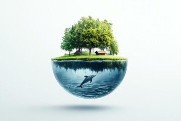 A surreal image depicting a floating island with lush trees and a serene lake, beneath which a dolphin swims. This visual explores the harmony between land and sea.
