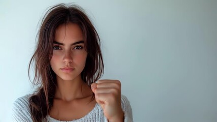 Empowering gesture of a woman with a clenched fist for International Women's Day celebration