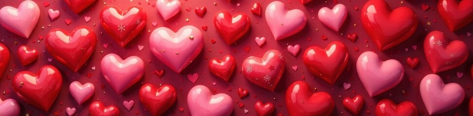 Fototapeta premium Red, pink, and gold hearts of various shapes and sizes, seamless pattern , background, element