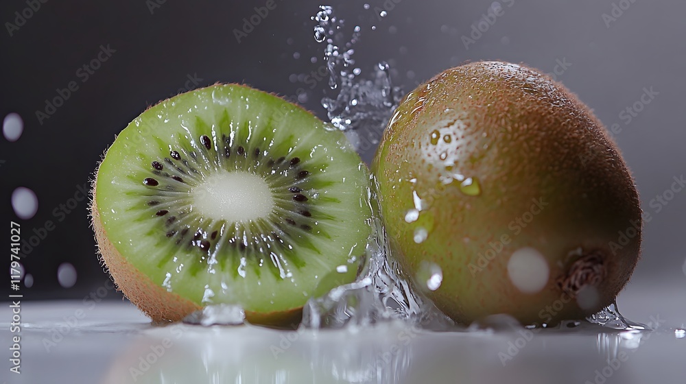 Poster a juicy kiwi fruit is halved and splashed with water, creating a vibrant and refreshing image. the o