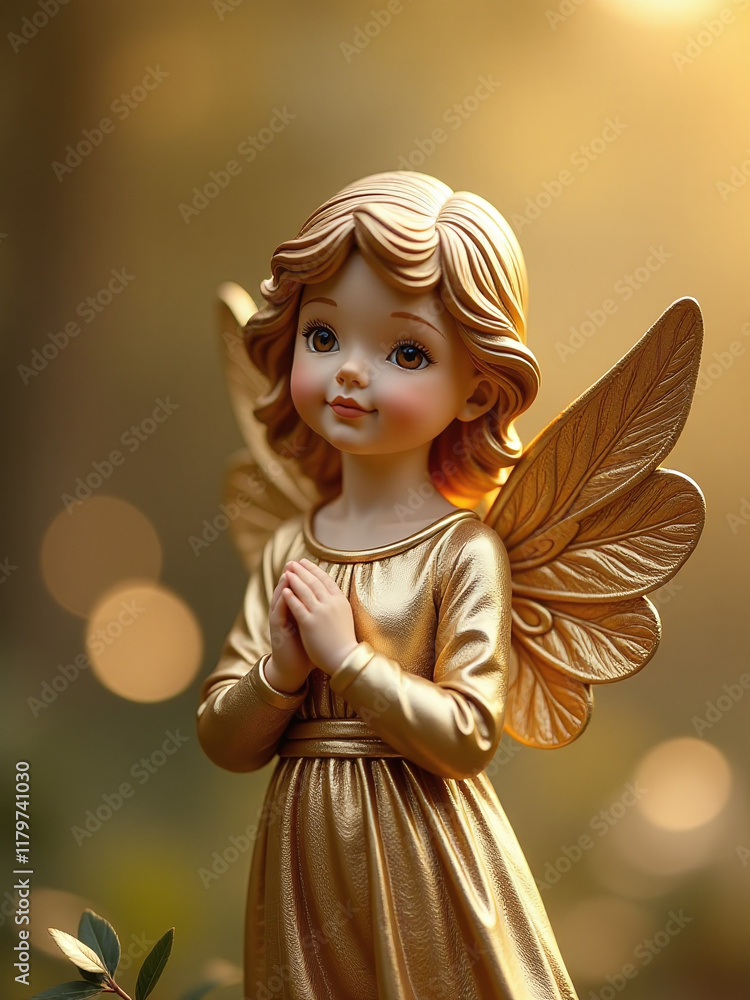 Poster a beautiful gold angel with delicate wings is positioned elegantly against a bokeh light background 