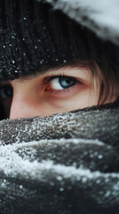 Close-up of a person with icy blue eye and snowy scarf on a cold winter day in a snow-covered landscape