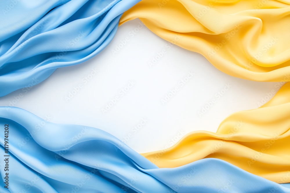 Poster elegant composition of flowing blue and yellow fabric creating a soft, textured border. perfect for 