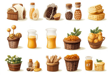 Collection of honey products and natural ingredients displayed artistically on a bright background