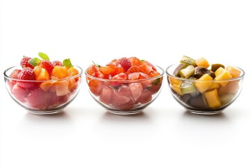 Fruit salad in transparent bowls on a white background