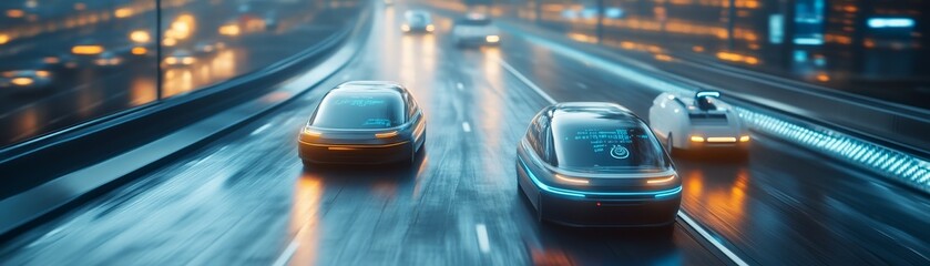 A nighttime scene of three sleek cars driving on a wet highway, illuminated by city lights, reflecting a modern urban vibe.