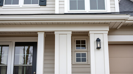 Exterior view of a house's front entrance featuring beige siding, white columns, black door, and multiple windows.  A light fixture is mounted on a column.  The house has a muted color palette.