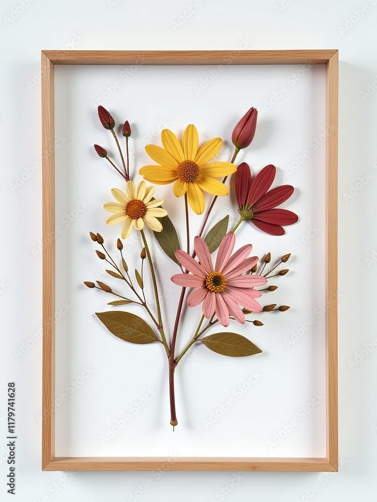 Poster a beautiful dried flower arrangement is placed in a frame against a clean white background for displ