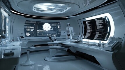 Futuristic, sterile, white space station lab with robot.