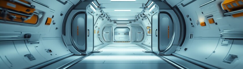 Fototapeta premium A futuristic, sleek corridor with smooth walls and bright lighting, resembling a spacecraft interior.