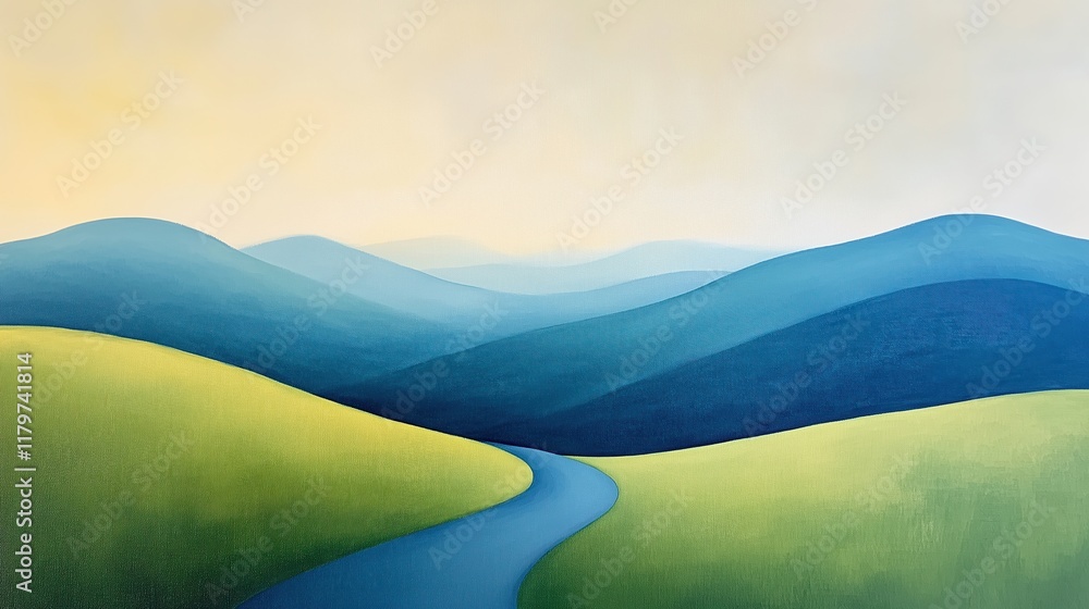 Poster abstract landscape with rolling green and blue hills and a winding path under a soft gradient sky mi