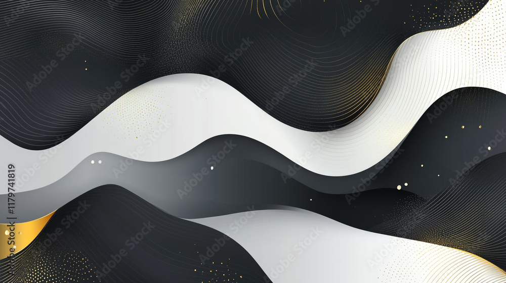 Poster this image shows a fluid and dynamic pattern of black and white wavy lines giving a sense of motion 