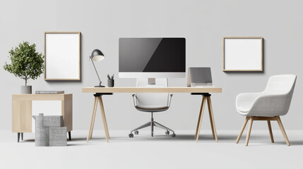 Desk, monitor, chairs and blank picture frame isolated on transparent background. Vector realistic set of modern furniture, table, chair and computer screen for workplace in office or home