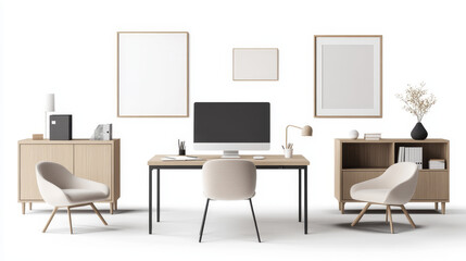 Desk, monitor, chairs and blank picture frame isolated on transparent background. Vector realistic set of modern furniture, table, chair and computer screen for workplace in office or home