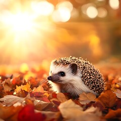 Hedgehog posing under a tree with autumn leaves