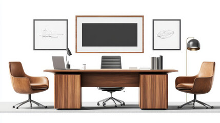 Desk, monitor, chairs and blank picture frame isolated on transparent background. Vector realistic set of modern furniture, table, chair and computer screen for workplace in office or home