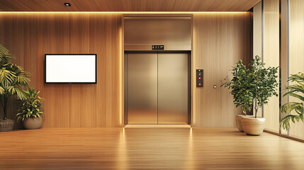 Realistic elevator with open door and TV screen on wall in office or modern hotel hallway, empty lobby interior with lift, wooden floor and blank display, indoor transportation 3d vector illustration