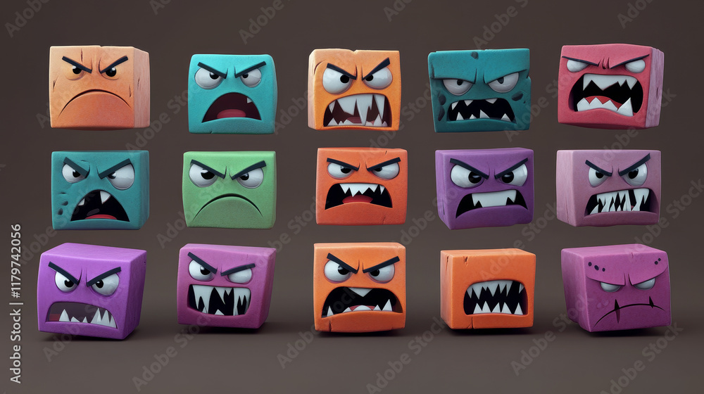 Poster set of square monster face for player avatar in game. cartoon emotion expression on stickers in vect
