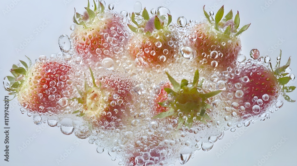 Poster close-up of fresh strawberries submerged in sparkling water, creating a vibrant and refreshing image