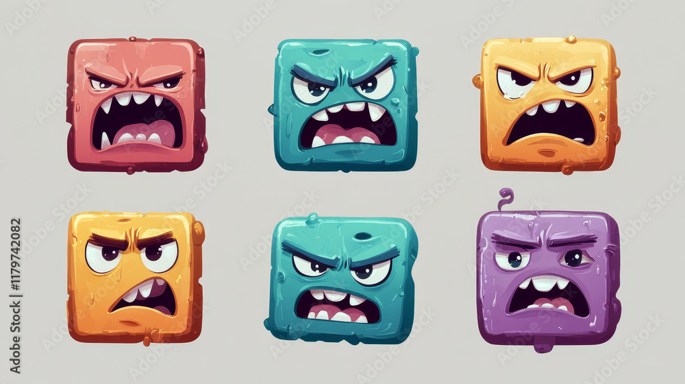 Poster set of square monster face for player avatar in game. cartoon emotion expression on stickers in vect