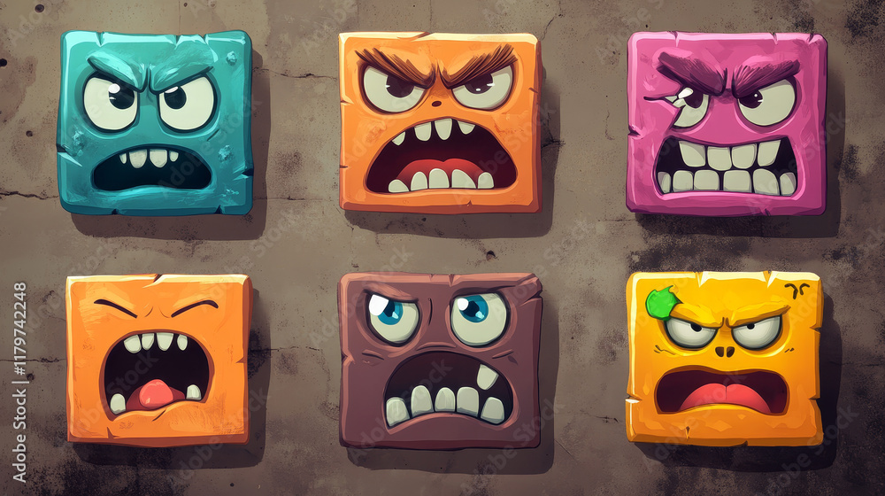 Poster set of square monster face for player avatar in game. cartoon emotion expression on stickers in vect