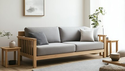 Modern Gray Sofa with Wooden Frame Minimalist Living Room Interior
