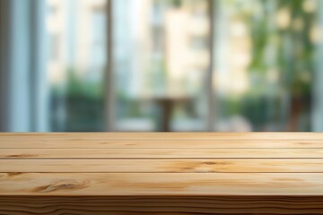 Wooden table surface with a blurred background of greenery and windows, ideal for product display or background use in designs and presentations.