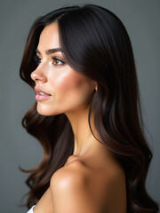Fototapeta premium A Beautiful Brunette Woman With A Stunning Long Straight Hair Profile Is The Main Subject Of This Portrait. 00001