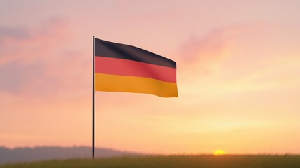 German National Flag Waving on Flagpole Against Beautiful Sunset Sky in Scenic Landscape, Symbolizing Nation and Patriotism, Shot in Warm Light for Travel, Cultural, and Historical Concepts